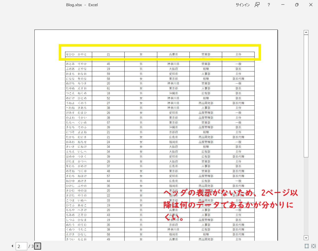 エクセルの印刷タイトル機能を実行していない状態での印刷プレビュー2ページ目の画面