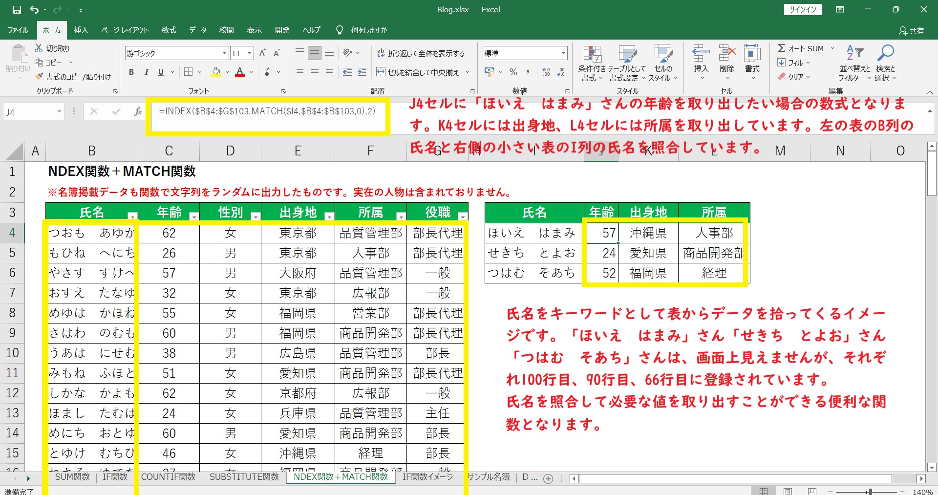 エクセルのワークシートINDEX関数とMATCH関数を説明するためのテーブル画像