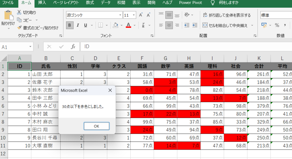 エクセルワークシート上の行の合計をForNextステートメントをつかって条件に一致したセルを赤色に変更した結果画像