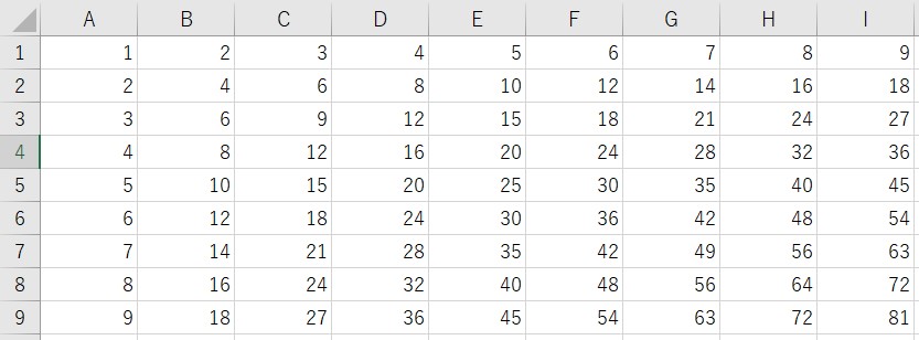 ForNextステートメントで九九の表を作成するマクロ実行結果画像
